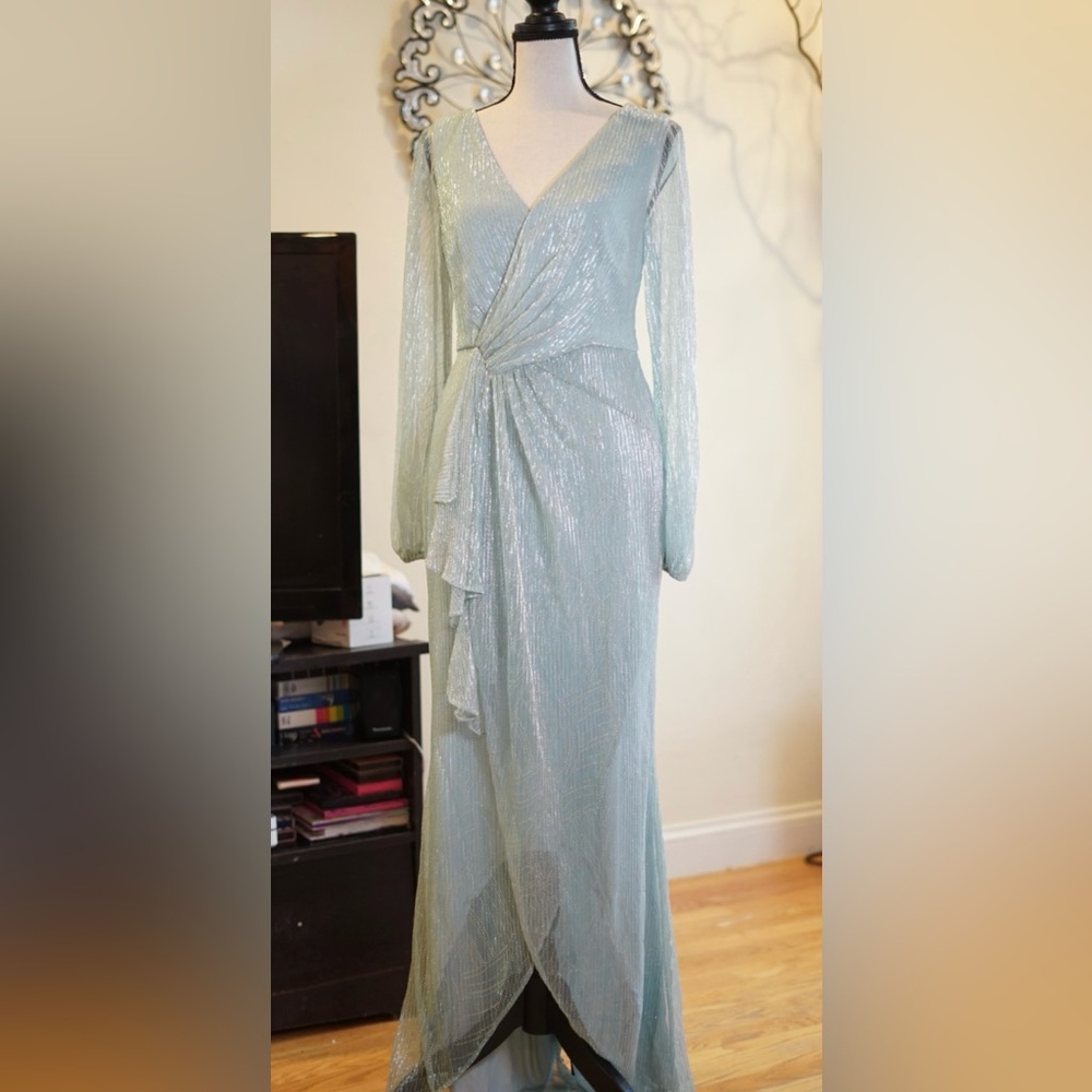 Adrianna Papell Shimmery Seafoam Long Sleeve Wrap Gown
